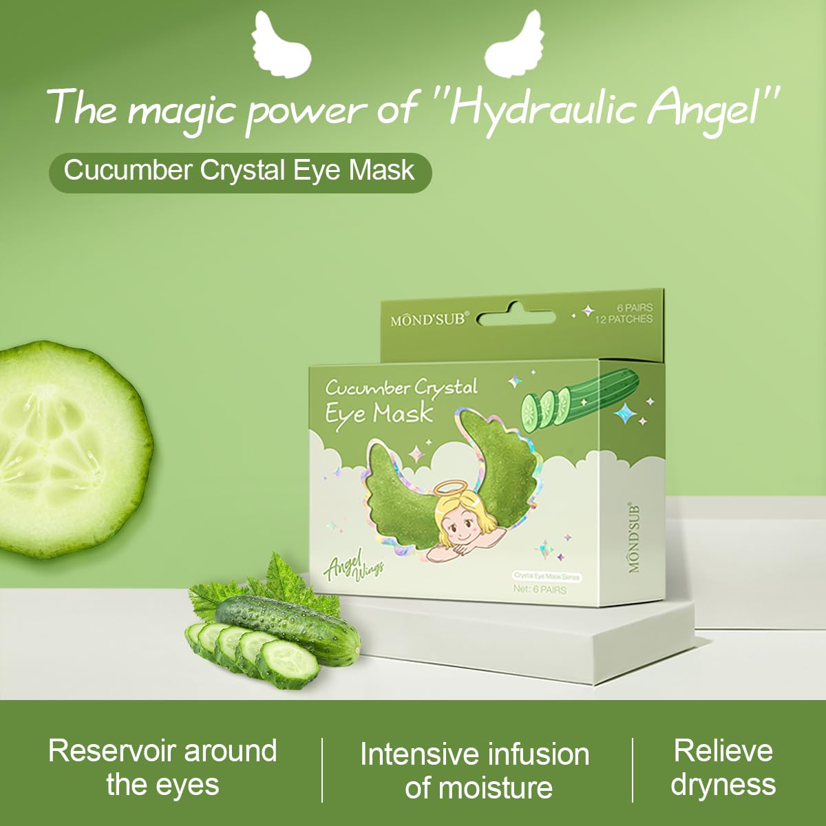 12Pcs Under Eye Patches for Dark Circle, Cucumber Moisturizing Eye Mask Hyaluronic Acid Eye Mask, Cooling Crystal Angle Wings Eye Mask, Hrydrate & Moisture Gel Under Eye Treatment Skin Care Products (Cucumber )