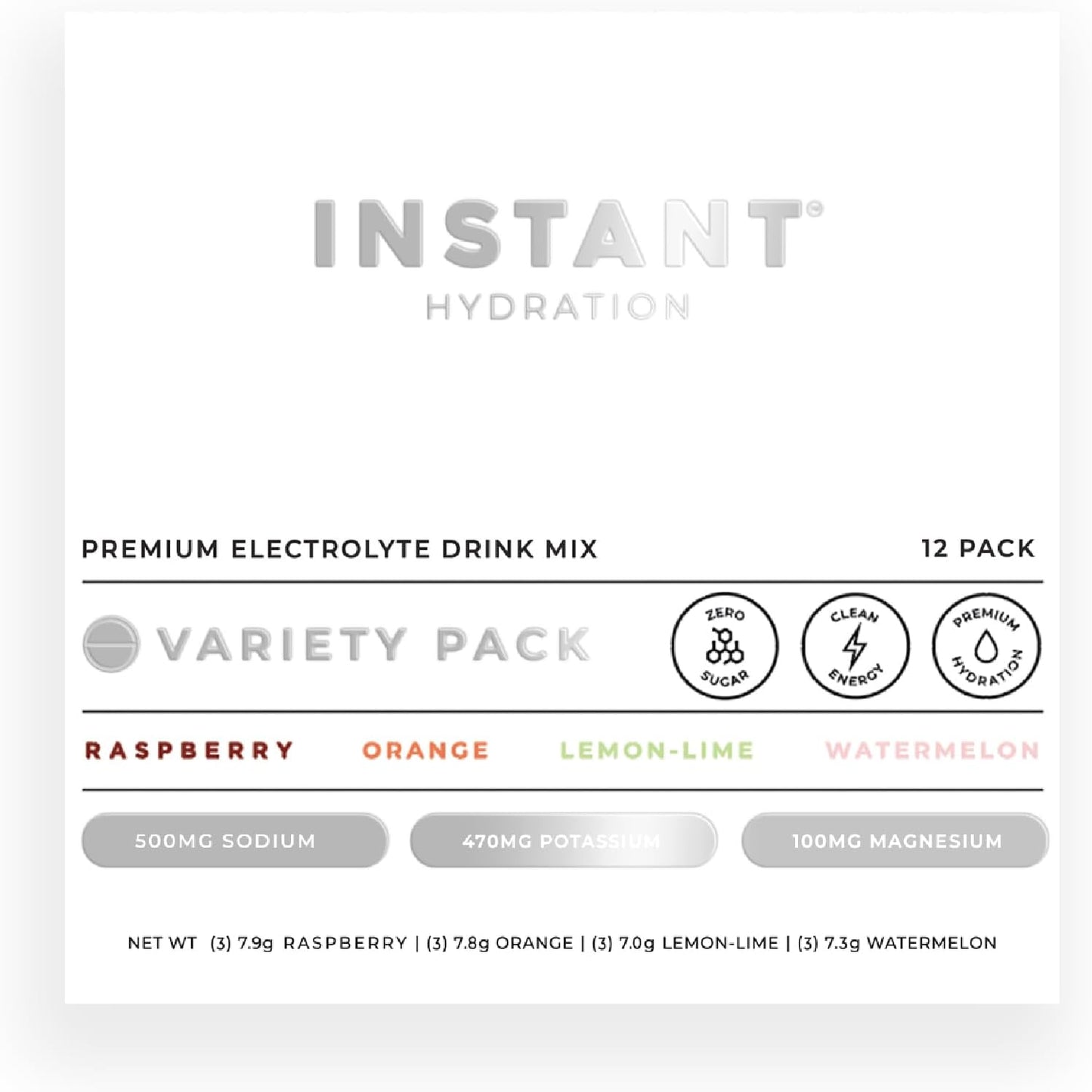 Instant Hydration Electrolytes Powder Packets - Variety Pack - Zero Sugar - Keto, Vegan, Gluten-Free, Non-GMO - Boost Recovery, Brain Function, Muscle & Tissue Health - 12 Sticks