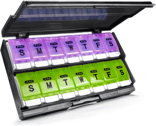 Extra Large Weekly Pill Organizer 2 Times a Day - Remtise Am/Pm Daily Pill Case Medicine Organizer, Push Button 7 Day Pill Box for Pills/Vitamin/Cod Liver Oil/Supplements (Purple & Green)