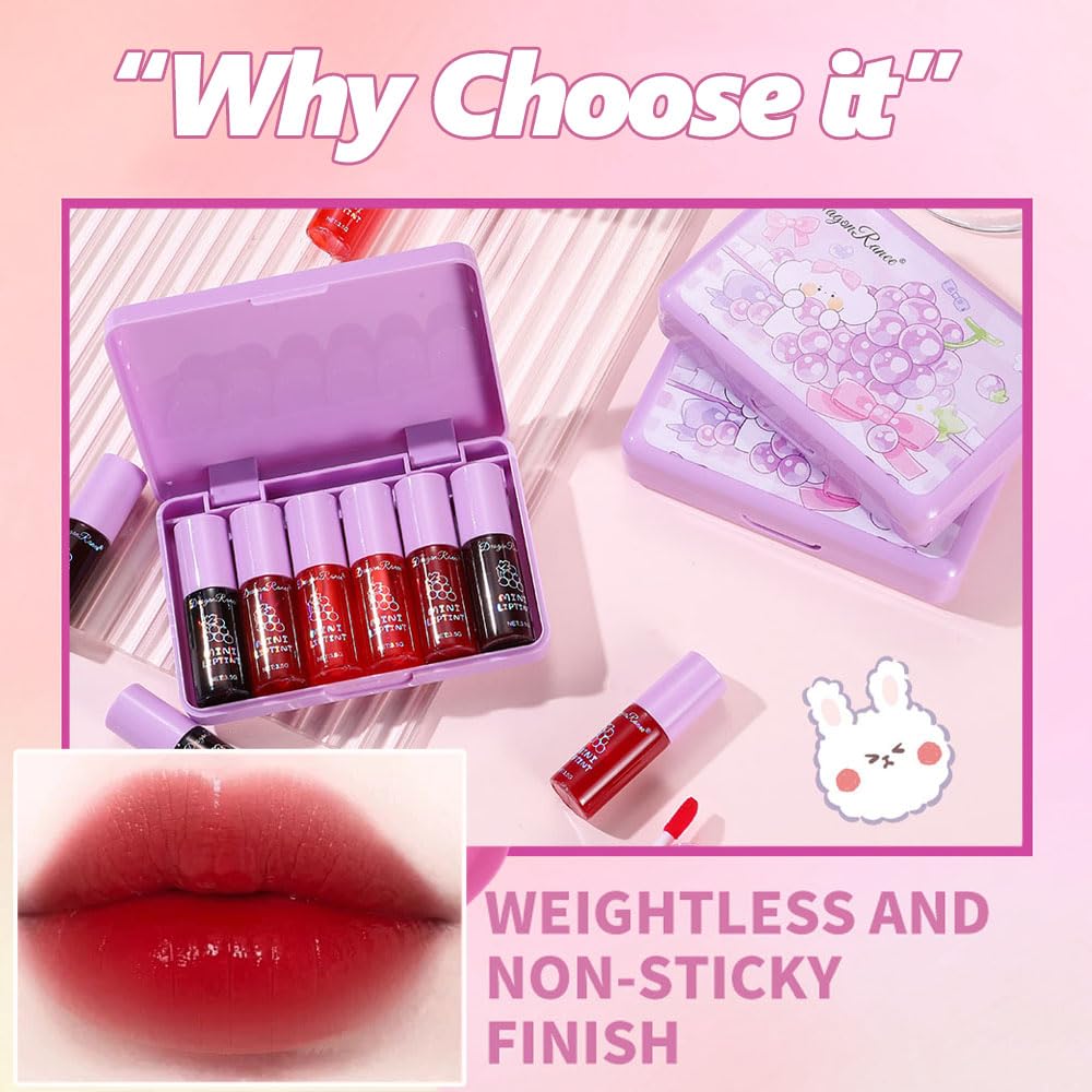 6 Colors Lip Tint Stain Korean Lip Gloss, Matte Velvet Lip Tint Natural Plumping Lip Stain, Multi-Use Lip and Cheek Tint Mini Liquid Lipstick, Long lasting Non-Stick Cup Waterproof, Lip Color Makeup
