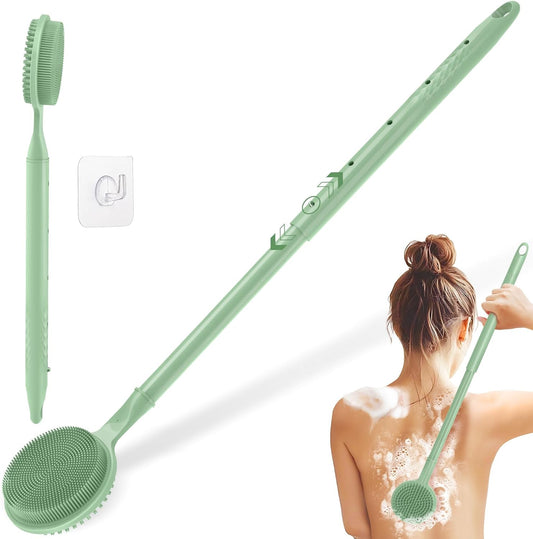 Adjustable Silicone Back Scrubber for Shower, 16''- 24'' Extendable Shower Back Scrubber for Rich Foam, 5-Length Back Brush Bath Brush with Dual-Side Head and Super-Lathering Bristles(Green)