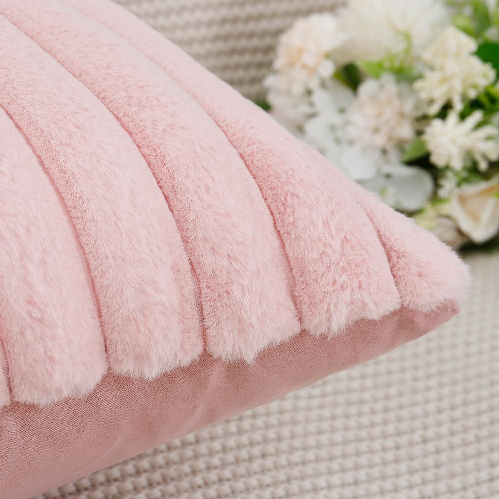 MADIZZ Set of 2 Faux Wool Plush Decorative Throw Pillow Covers 26x26 Inch Pink Fluffy Striped Soft Decorative Cushion Cover for Sofa Bedroom Pillow Shell