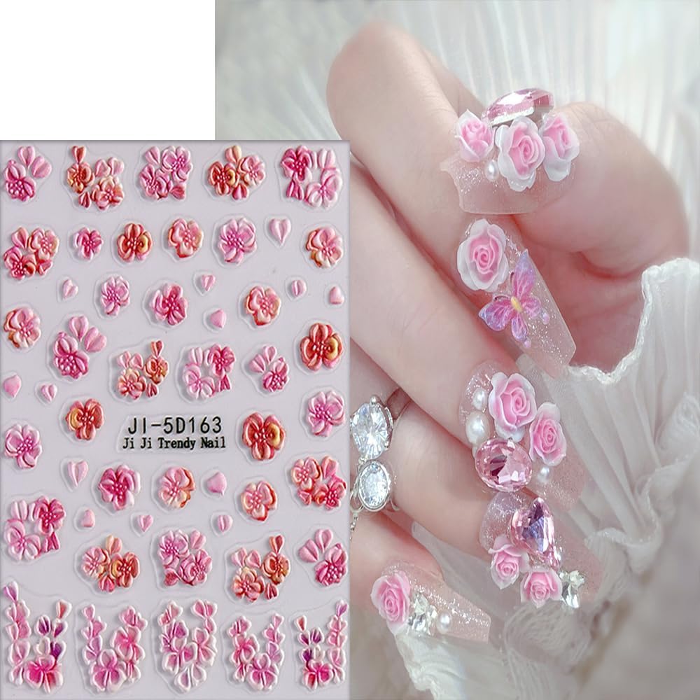 4 Sheets 5D Flower Nail Art Sticker Stereoscopic Floral Self-Adhesive Nails Stickers Blossom Nail Art Decals Holographic Flowers Decal for Women Pink Blue Red Manicure Stickers DIY Nails Supplies