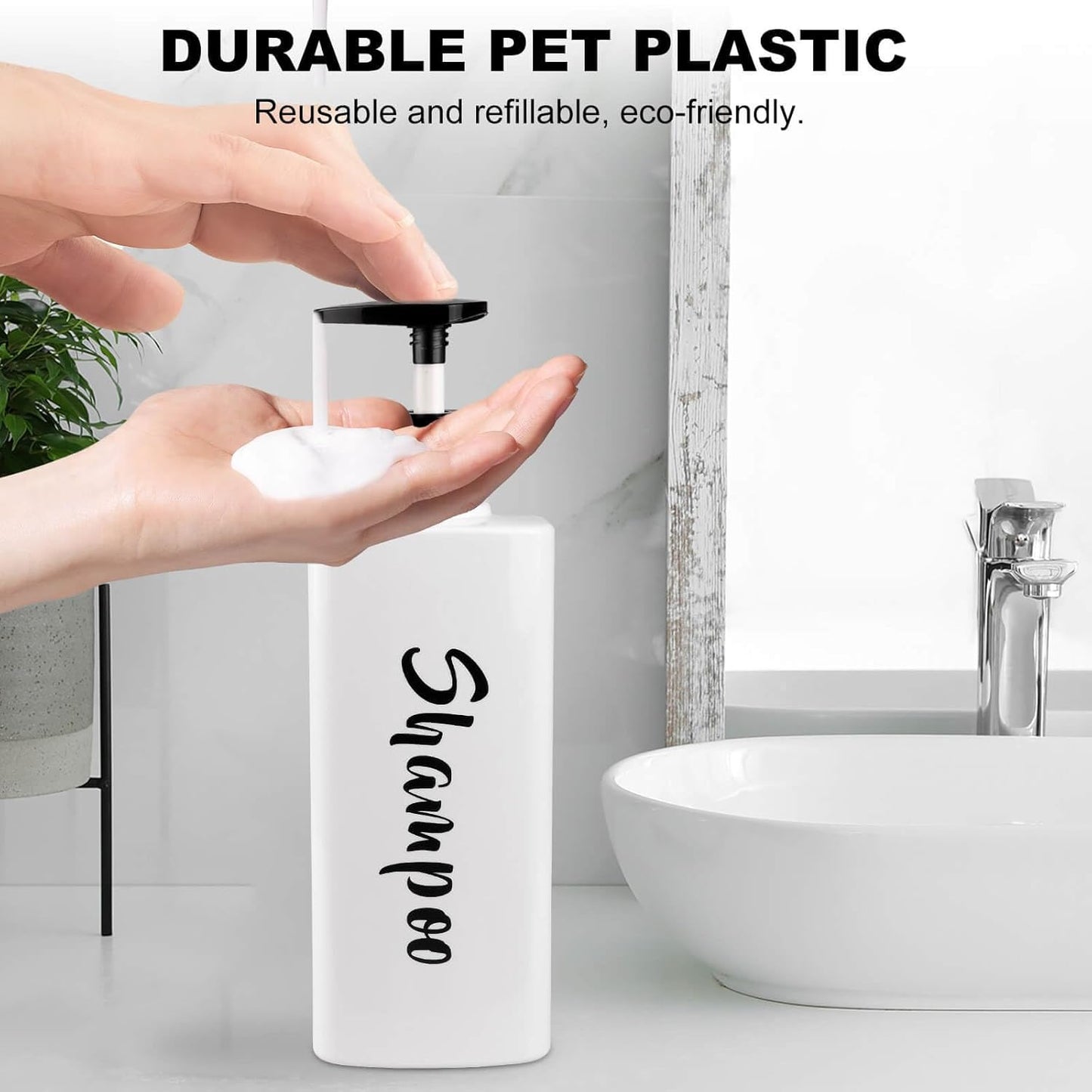 16.9oz Shampoo and Conditioner Dispenser, Refillable Shampoo Bottles with Pump, Empty Plastic Body Wash Dispensers for Bathroom, Printed Soap Bottle for Body and Conditioner (White, Set of 3)