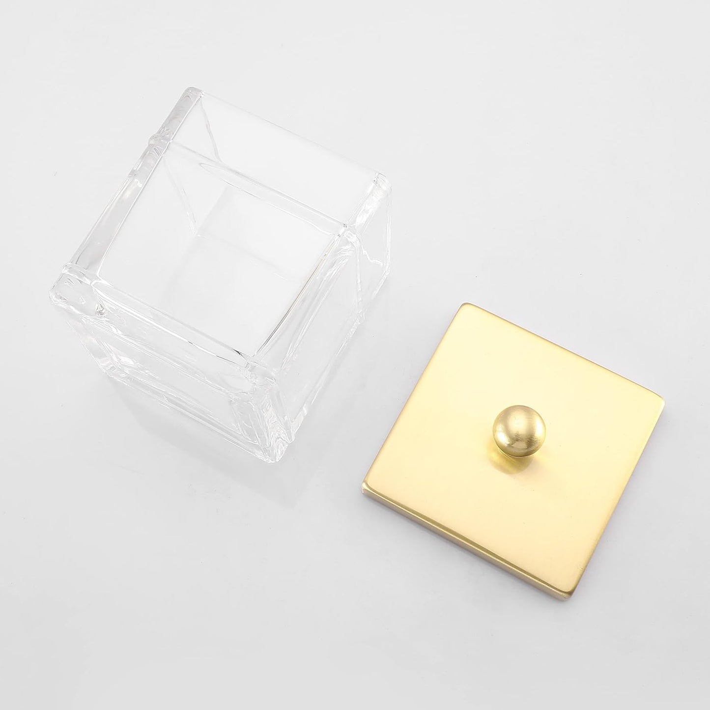 Glass Cotton Jar Holder 2 Pack– Brushed Gold Lid, Elegant Bathroom Storage Canister for Qtips, Cotton Balls, Floss, Makeup Organizer, Vanity & Bathroom Organization