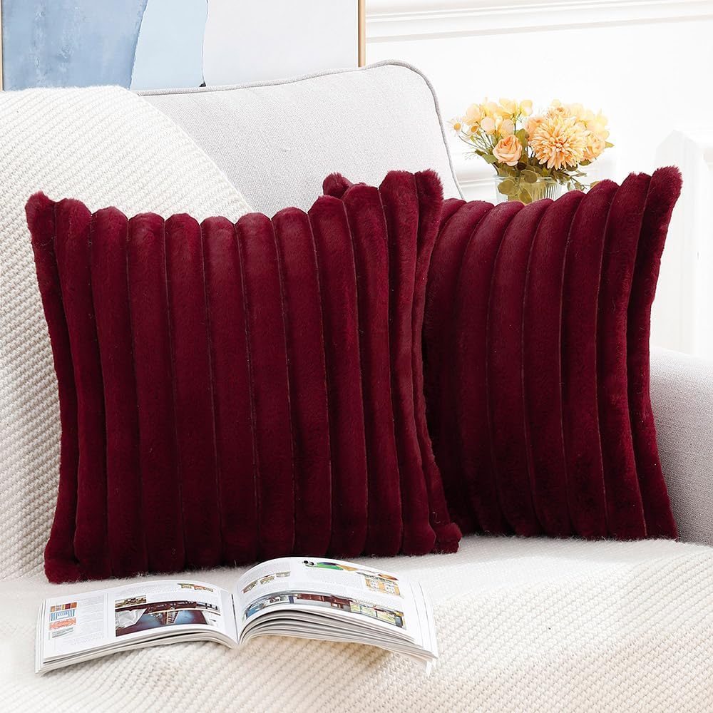 MADIZZ Set of 2 Faux Wool Plush Decorative Throw Pillow Covers 26x26 Inch Burgundy Fluffy Striped Soft Decorative Cushion Cover for Sofa Bedroom Pillow Shell