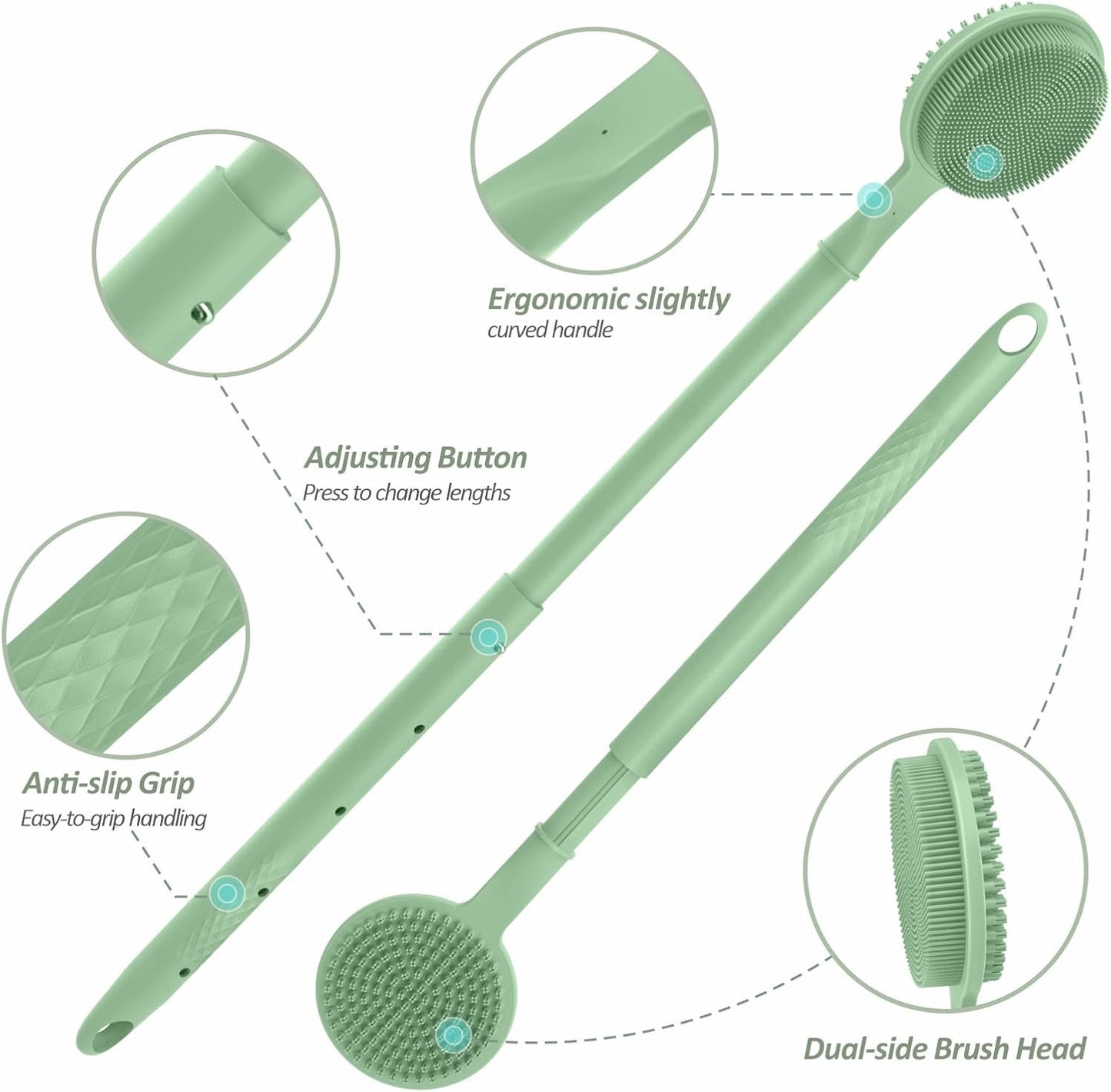 Adjustable Silicone Back Scrubber for Shower, 16''- 24'' Extendable Shower Back Scrubber for Rich Foam, 5-Length Back Brush Bath Brush with Dual-Side Head and Super-Lathering Bristles(Green)