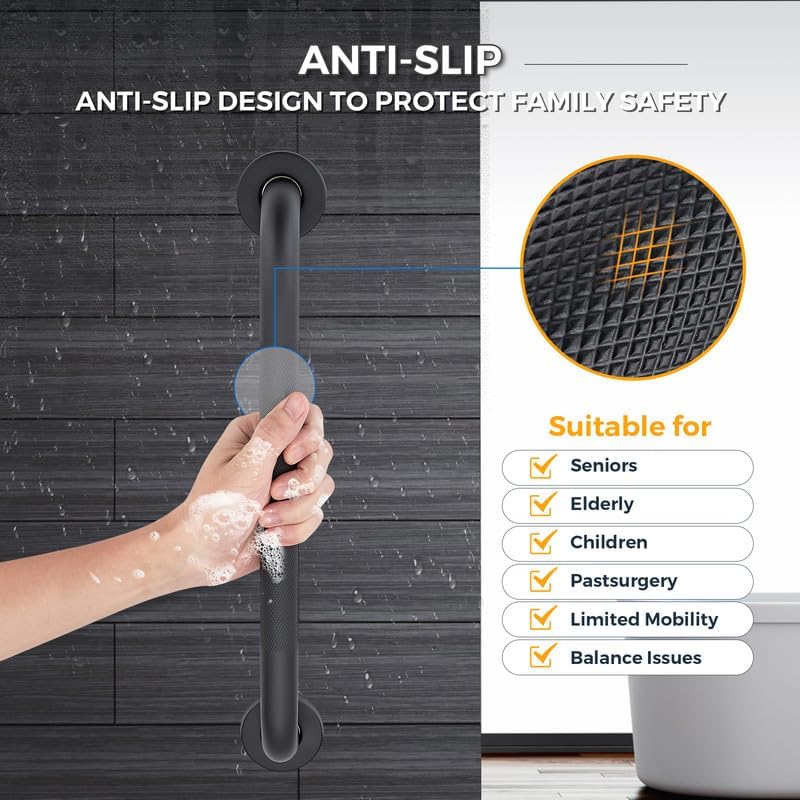 Grab Bars for Shower, 2 Pack 16-Inch Anti Slip Shower Handles for Elderly, Safety Shower Grab Bar, Stainless Steel Handicap Grab Bars for Bathroom (Black 1" Diameter)