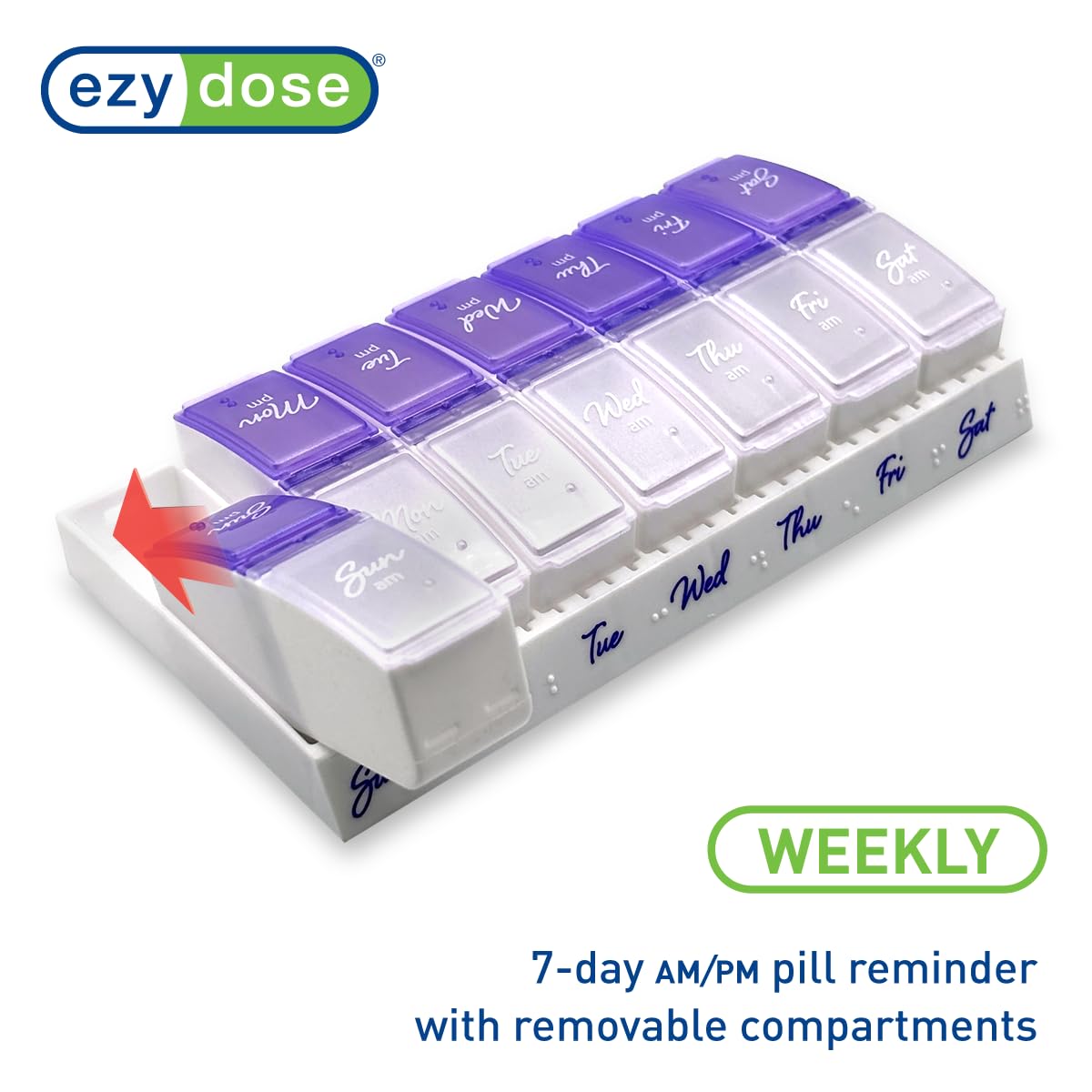 Ezy Dose Weekly (7-Day) Daily Pill Case, Medicine Planner, Vitamin Organizer, 2 Times a Day AM/PM, Small Pop-out Compartments, Arthritis Friendly, Easy to Use, Pearlescent and Lavender Lids, BPA Free