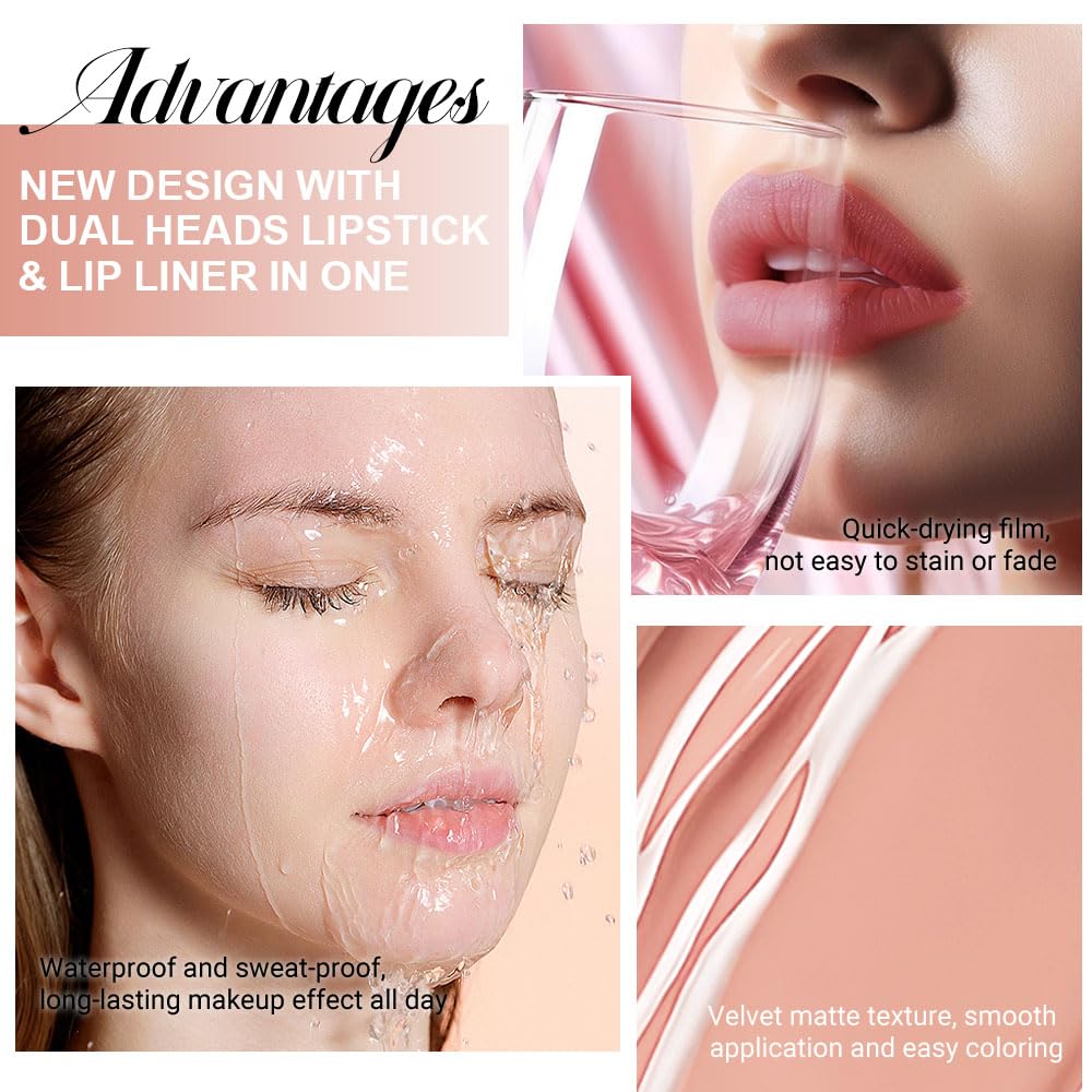 Kaely 2-in-1 Matte Lipstick and Lip Liner, Liquid Lip Stain Makeup for women Long Lasting Waterproof Smudge Proof, labiales matte mate larga duracion listip 24 hours originales, 56 Bright Nude