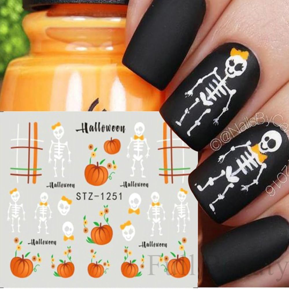 Halloween Nail Art Stickers Water Transfer Nail Decals 12Pcs Halloween Pumpkin Skeleton Spider Ghost Maple Leaf Designer Slider Nail Foils Fall Watermark Decals for Nail Manicure Accessories for Women