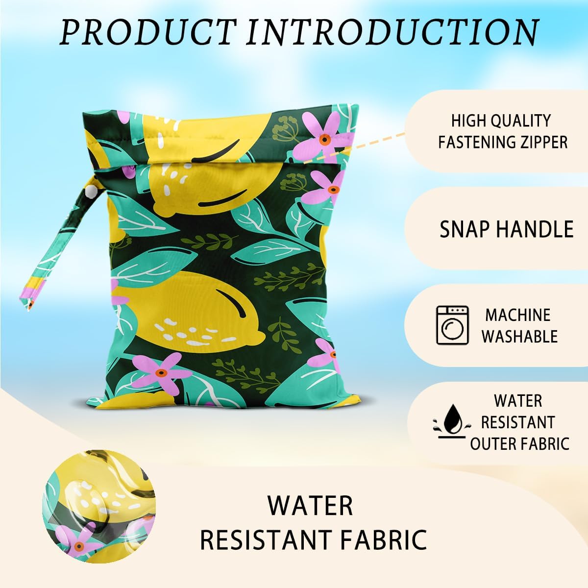 2Pcs Lemon Wet Bags 12x10 Inch, Flowers Waterproof Reusable Wet Dry Bags, Summer Washable Travel Laundry Bag for Swimsuit Beach Diapers Dirty Yoga Gym Clothes, Lemon Gifts for Women Friend Travelers