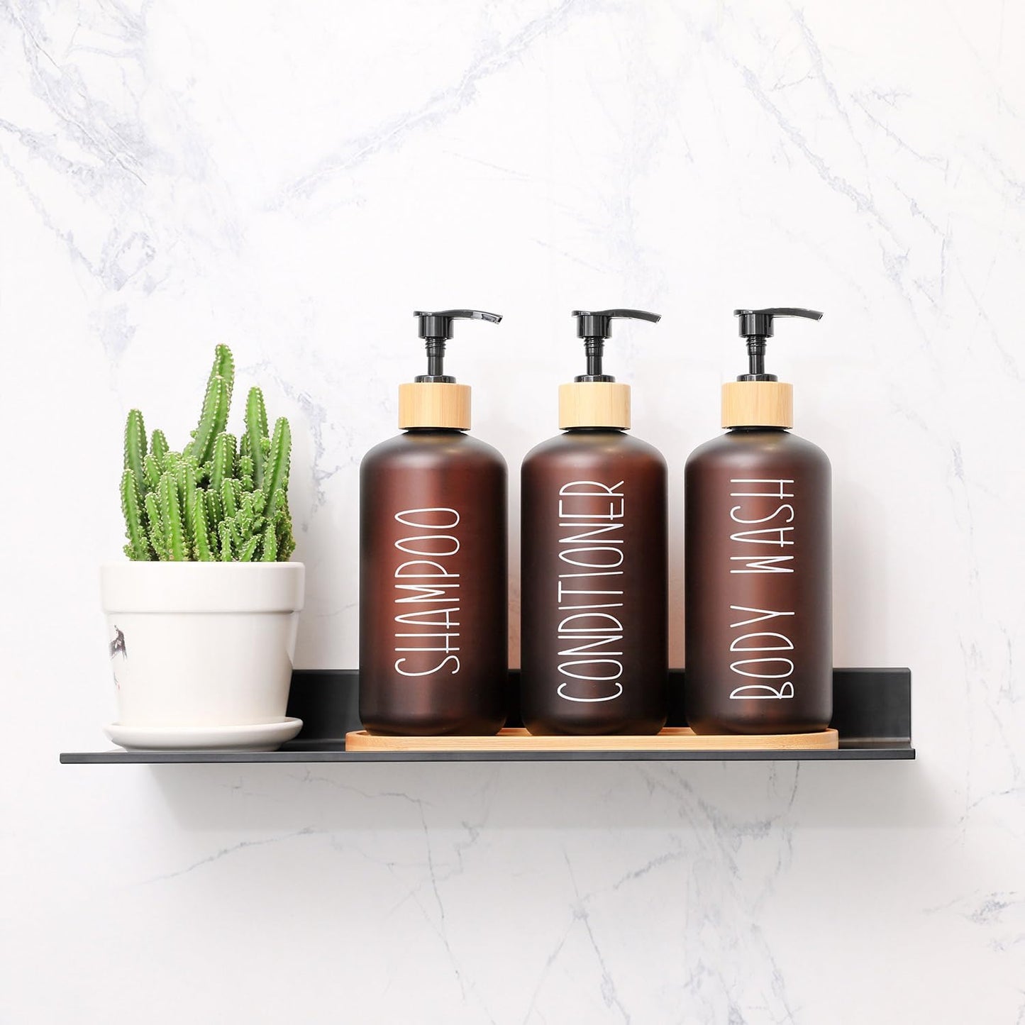 MOMEEMO Amber Shower Dispenser Set, Contains 3 Extra-Thick PET Plastic Bottles with Bamboo Pumps, Shampoo and Conditioner Dispenser for Shower Perfect for Modern Bathroom Decor. (Amber)