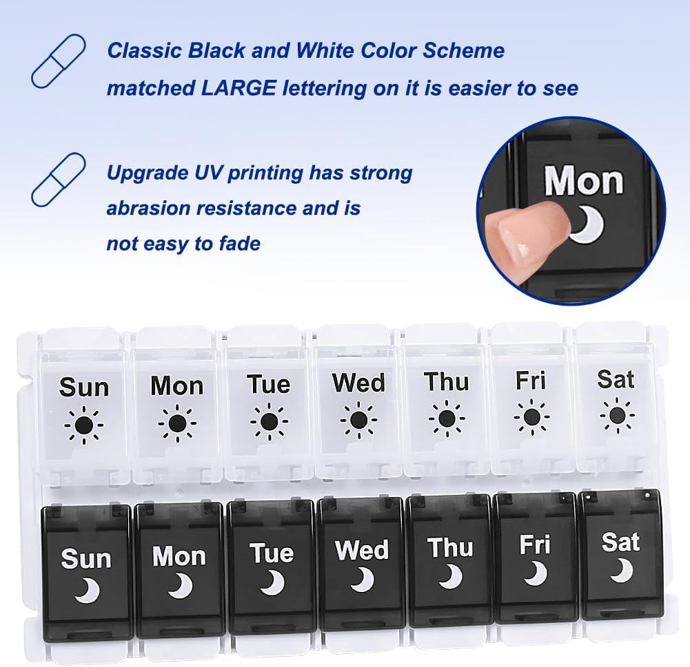 HRX Package Pill Organizer 2 Times a Day, Easy Fill & Open Weekly Medicine Box Vitamin Cases for 7 Day AM PM