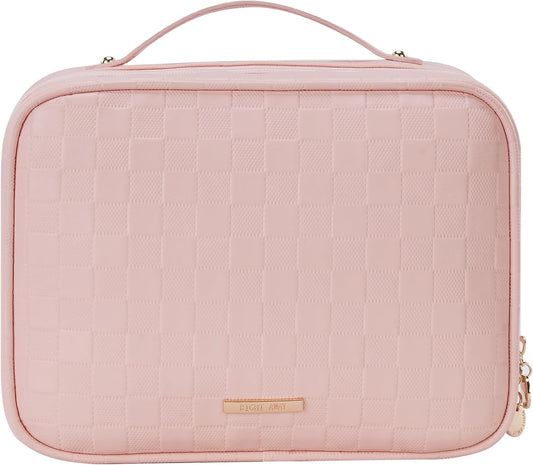 RIGHT AWAY Travel Toiletry Bag for Women, Waterproof Makeup Bag&Case, Portable Cosmetic Organizer Checkered Make up Bag for Full Sized Toiletries，Cosmetics and Travel-Size Accessories,Pink Checkered