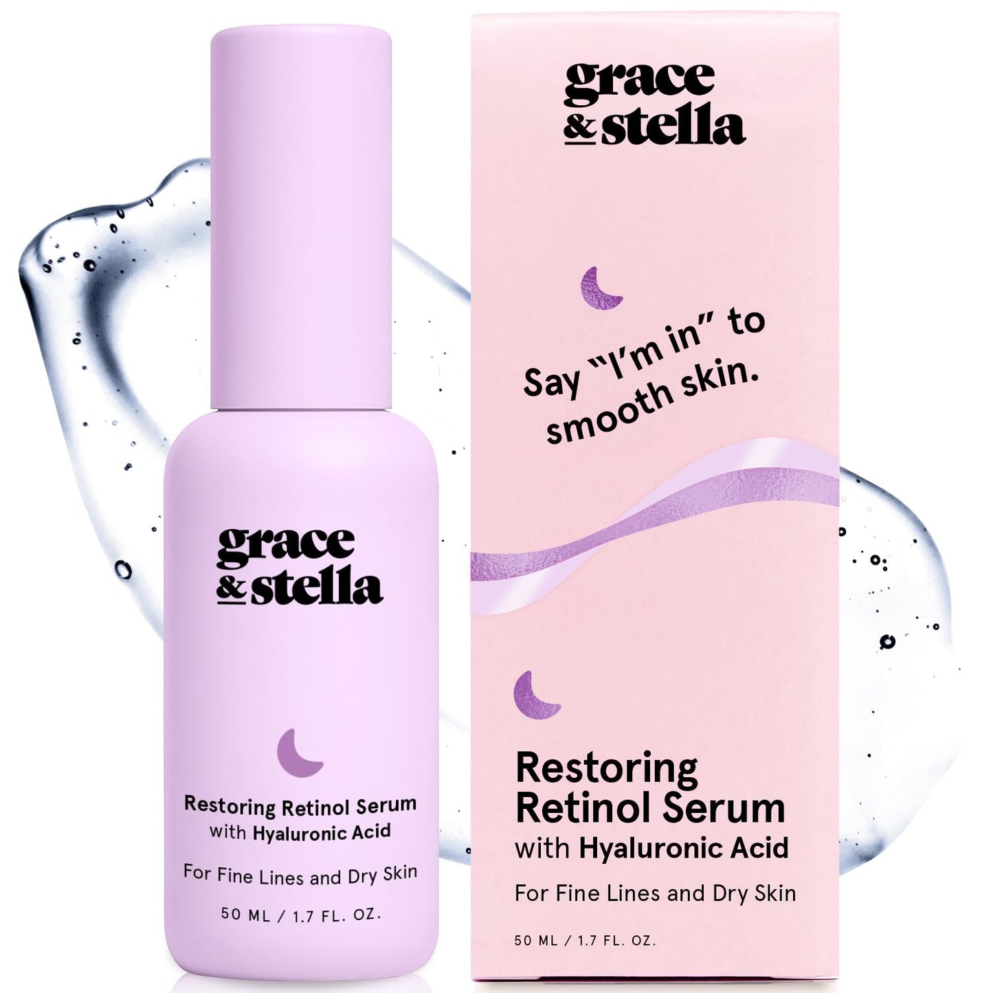 grace & stella Retinol Serum for Face with Hyaluronic Acid (50ml/1.7 fl oz) - Restoring Retinol Hyaluronic Acid Serum for Face to Reduce Fine Lines & Wrinkles - Acido Hialuronico - Vegan Skincare