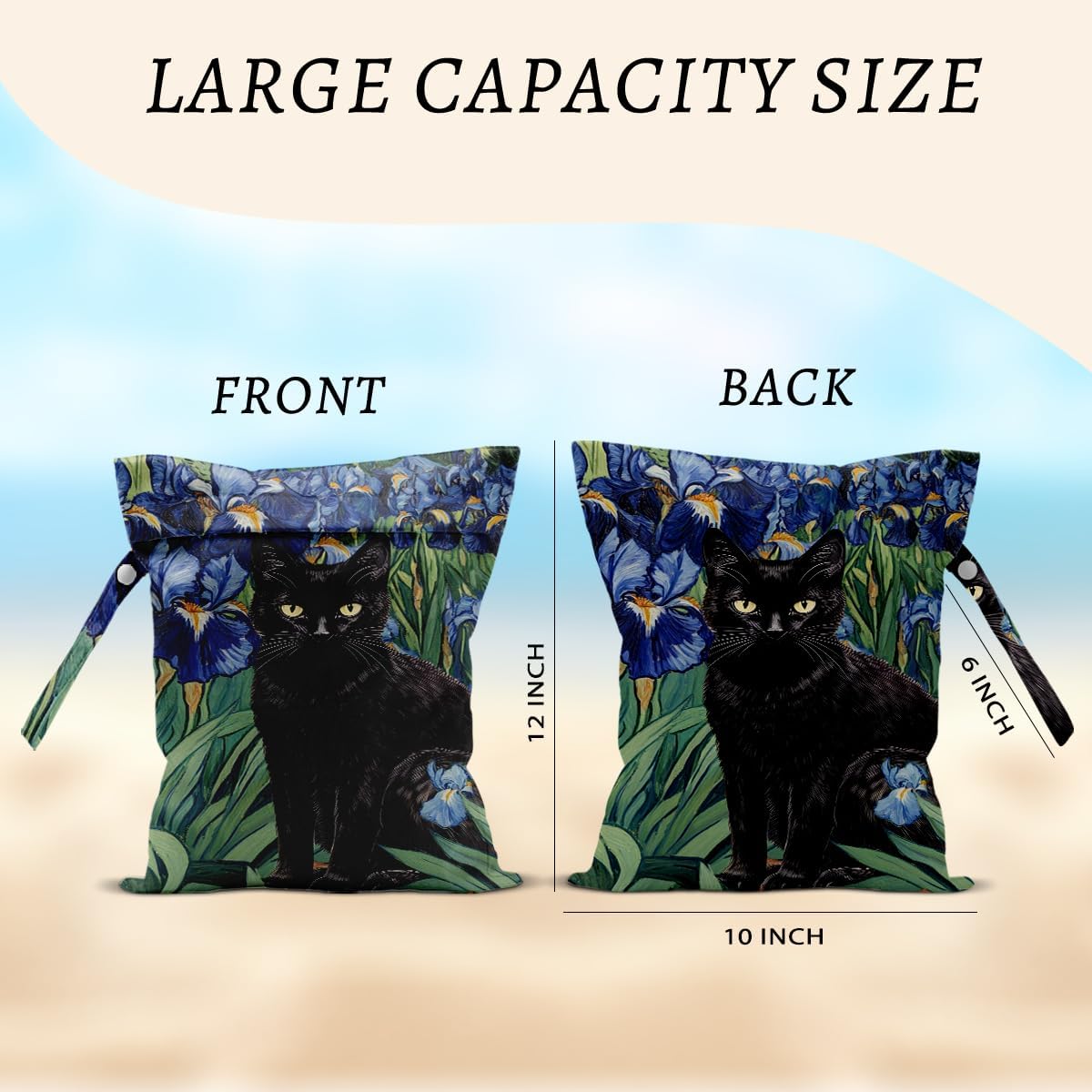 Cat Wet Bags 12x10 Inch, Blue Floral Waterproof Reusable Wet Dry Bags, Flowers Washable Travel Laundry Bag for Swimsuit Pool Beach Diapers Dirty Yoga Gym Clothes, Cat Gifts for Women Friend Travelers