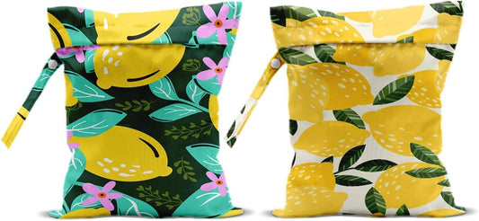 2Pcs Lemon Wet Bags 12x10 Inch, Flowers Waterproof Reusable Wet Dry Bags, Summer Washable Travel Laundry Bag for Swimsuit Beach Diapers Dirty Yoga Gym Clothes, Lemon Gifts for Women Friend Travelers