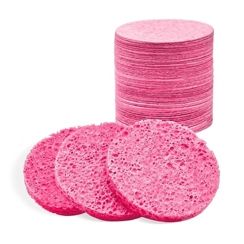 50-Count Facial Sponges, Compressed Natural Cellulose, Pink, Round Shape, Face Cleansing, Exfoliating, Makeup Removal