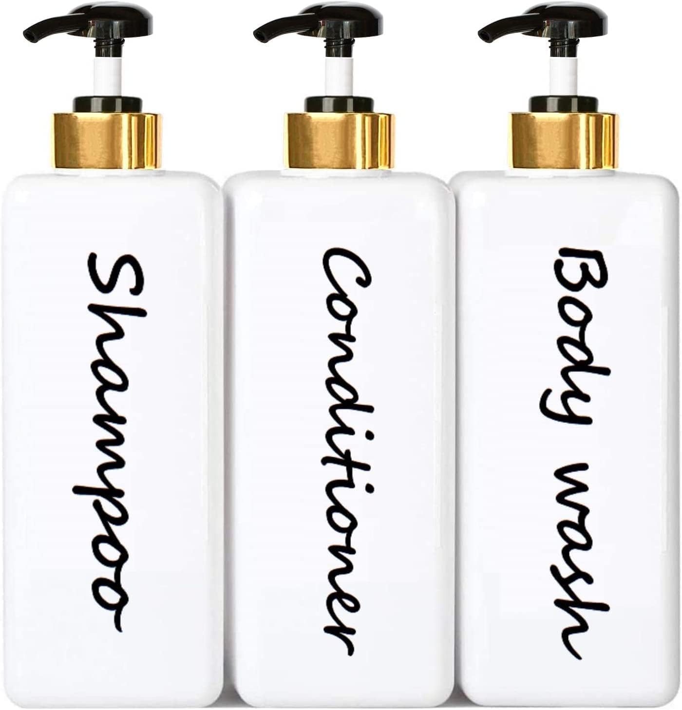 21oz Shampoo and Conditioner Dispenser (Set of 3) Modern Refillable Shampoo Pump Bottles for Shower Soap - Empty Shampoo Conditioner Body Wash Dispenser Set - Stylish Permanent Labels - for Bathroom