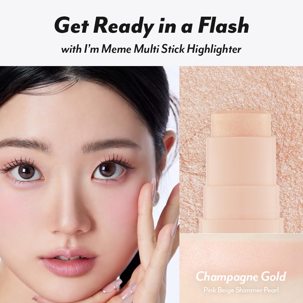 I'M MEME Highlighter - I'm Multi Stick 001 Champagne Gold | Easy Blending, Matte Finish, Suitable for Beginners, Lightweight Formula, Daily Use, Natural Blur Effect, 0.24 Oz