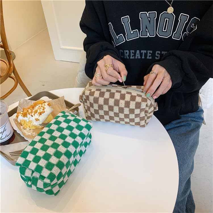 PAZIMIIK Checkered Makeup Bag for Purse Portable Zipper Make Up Pouch Small Cosmetic Case for Travel Accessories (6PCS Green)