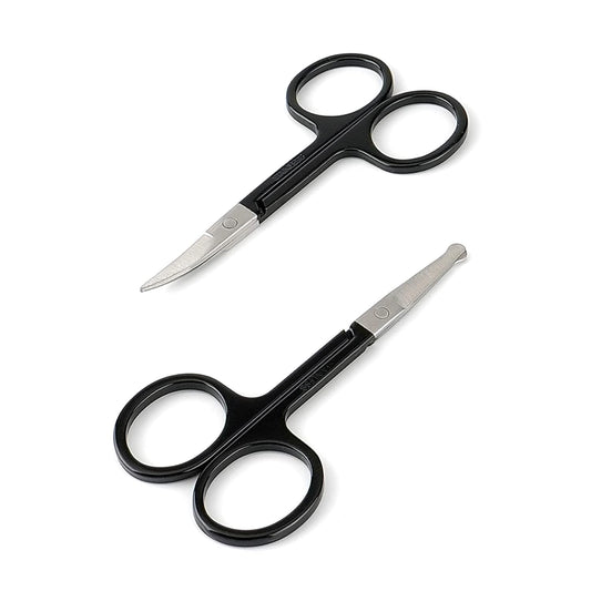 Facial Hair Small Grooming Scissors For Men Women - Eyebrow, Nose Hair, Mustache, Beard, Eyelashes, Ear Trimming Kit - Curved and Rounded Safety Tip Clippers For Hair Cutting- 2PCS Black