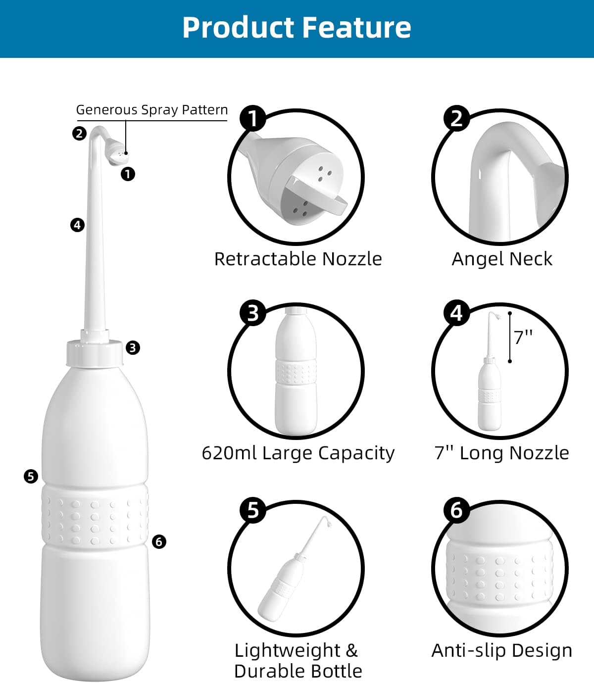 Hibbent Portable Bidet for Travel, Handheld Travel Bidet for Personal Hygiene Care, Personal Cleansing Use, Extended Nozzle, 21.8oz(620ml) , White