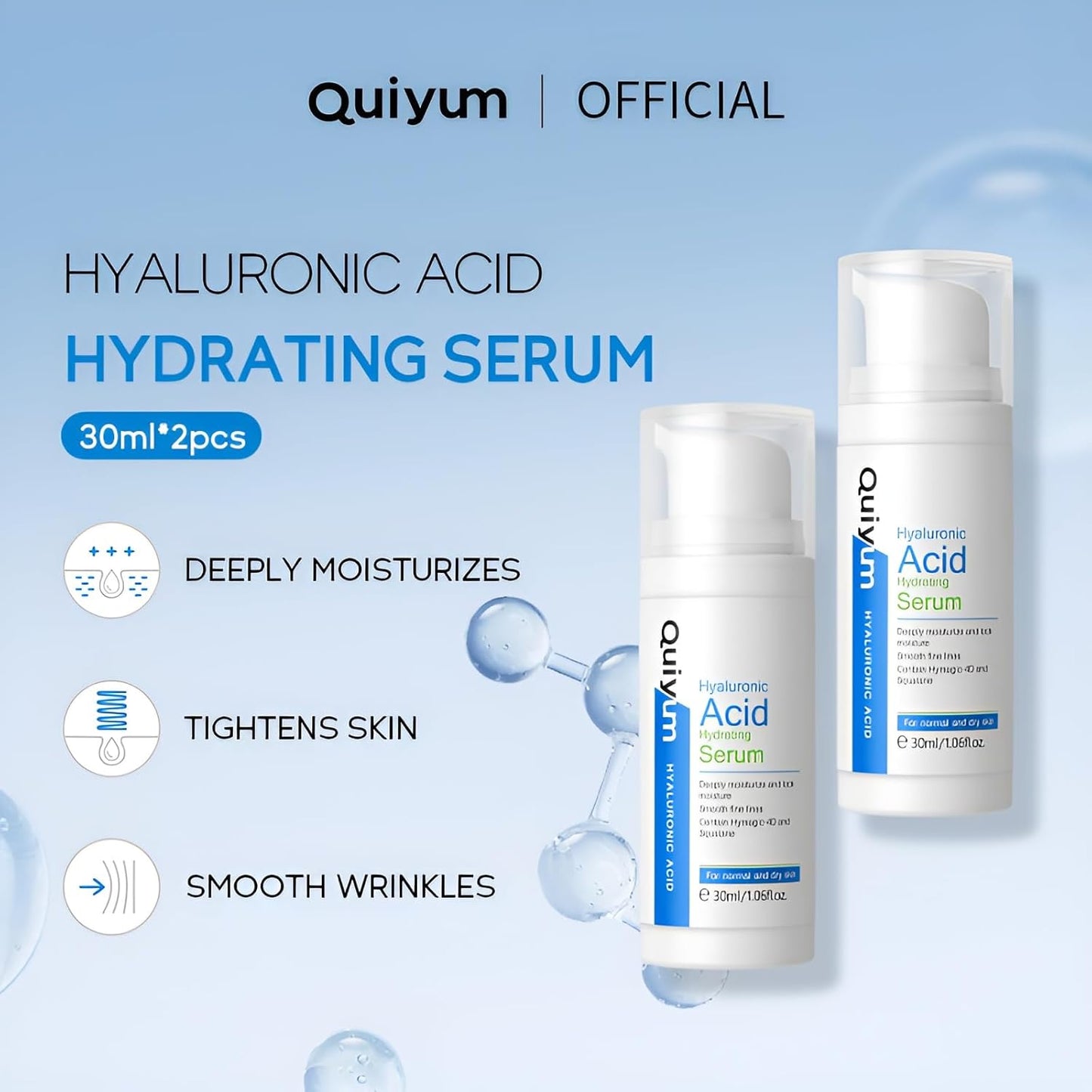 Hyaluronic Acid Serum for Face, Hydrating Face Serum for Dry Skin W/Hymagic-4D, Squalane, Vitamin C & E for Plumping, Hydrating & Anti-Aging Serum, Skin Care, 1.06fl.oz, Pack of 2