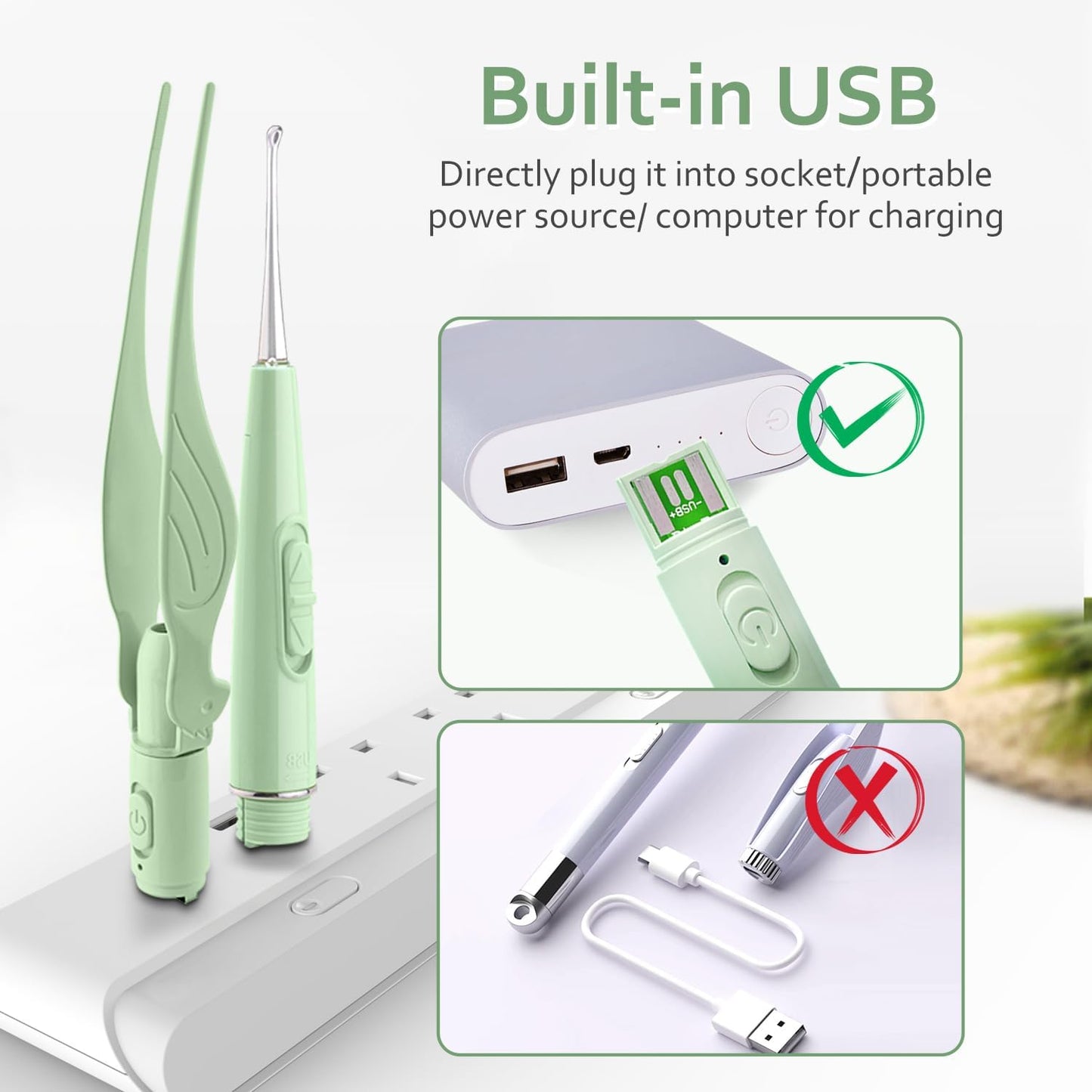 Ear Wax Removal Tools,9 Pack Ear Cleaning Tool,Ear Pick with 2 LED Lights,Built-in USB Ear Wax Remover for Kids and Adults