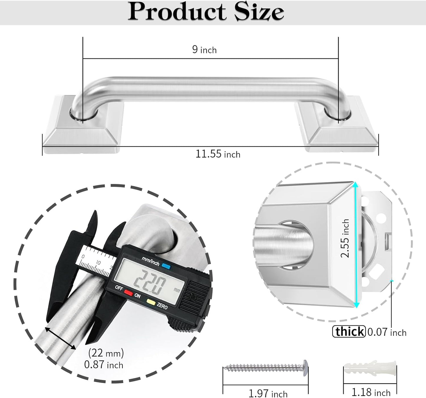 9 Inch Bathroom Grab Bar, Anti Slip Square Shower Bars Safety, 304 Stainless Steel Shower Handles,Hand Rails for for Children, Senior, Elderly, Handicap