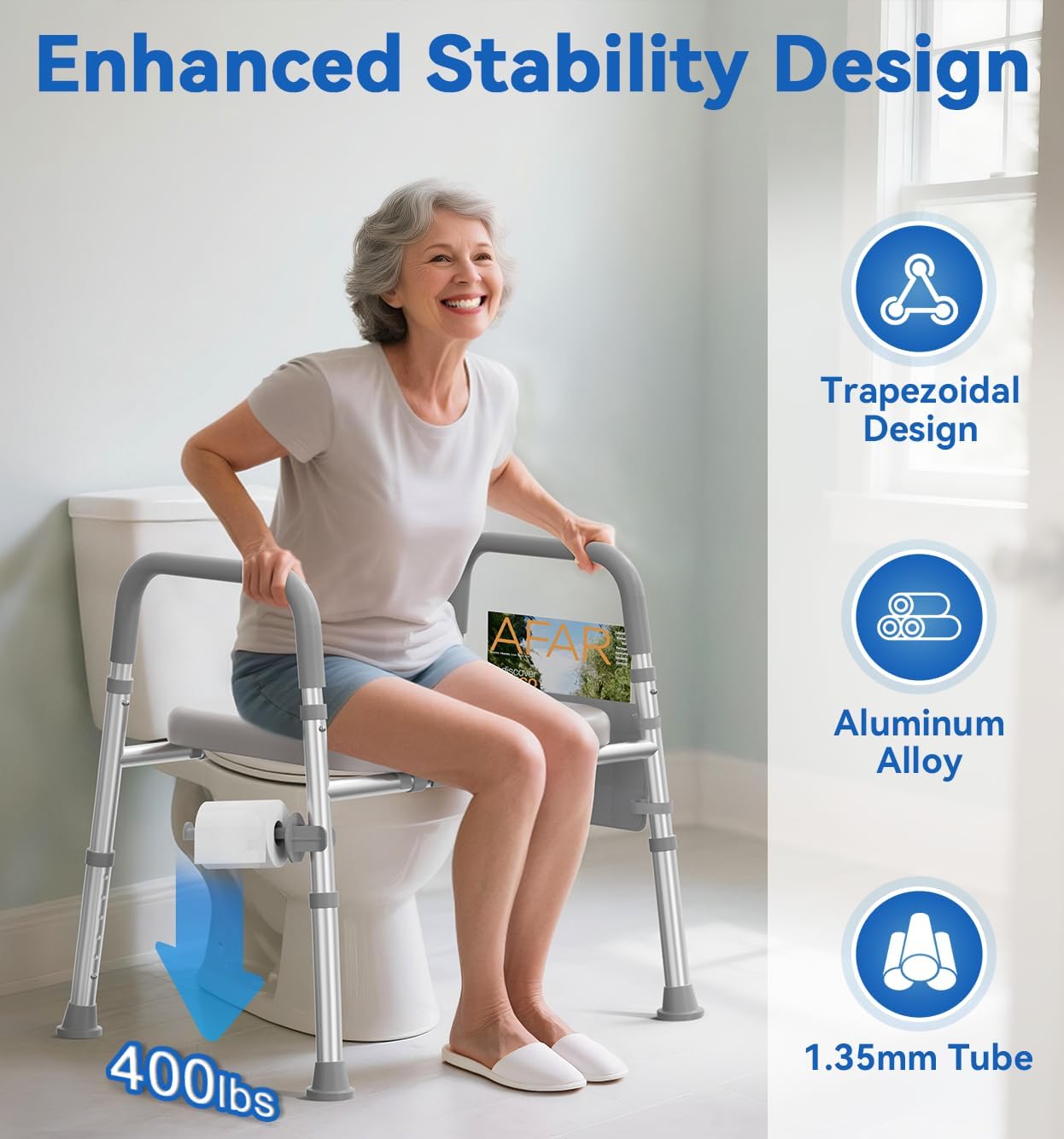 HOMLAND Raised Toilet Seat with Handles, Toilet Seat Riser for Seniors, Adjustable Height & Width, 400lb Elevated Handicap Toilet Seat, Fit Any Toilet, Grey