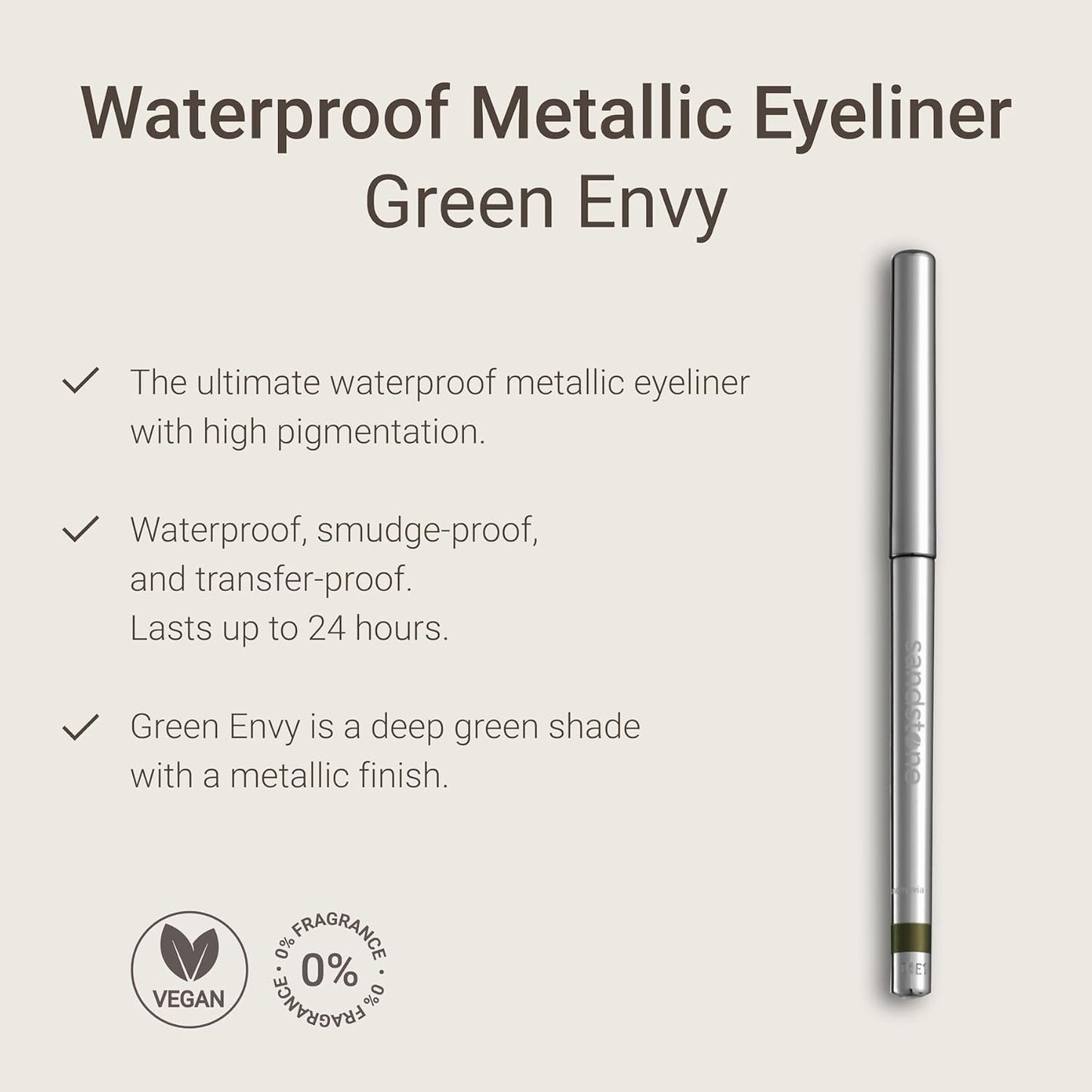Hypoallergenic Waterproof Eyeliner - Fragrance Free Metallic Eye liner - Vegan and Cruelty Free Eye Pencil - Eyeliner Pencil for Sensitive Eyes (Green Envy)