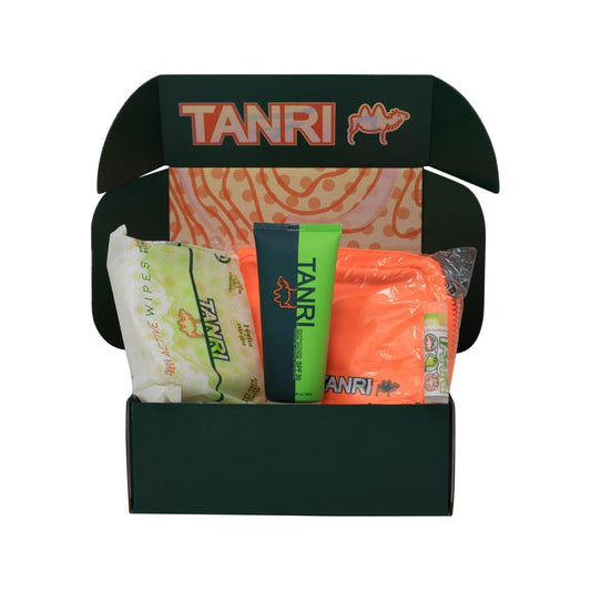 TANRI Primo Explorer Pack; Includes SPF30 Mineral Sunscreen with Zero White Cast, Active Wipes No-Rinse Body Wipes, Moisturizing SPF15 Pear Lip Balm and an Adjustable Fanny Pack (4-Pack Bundle)