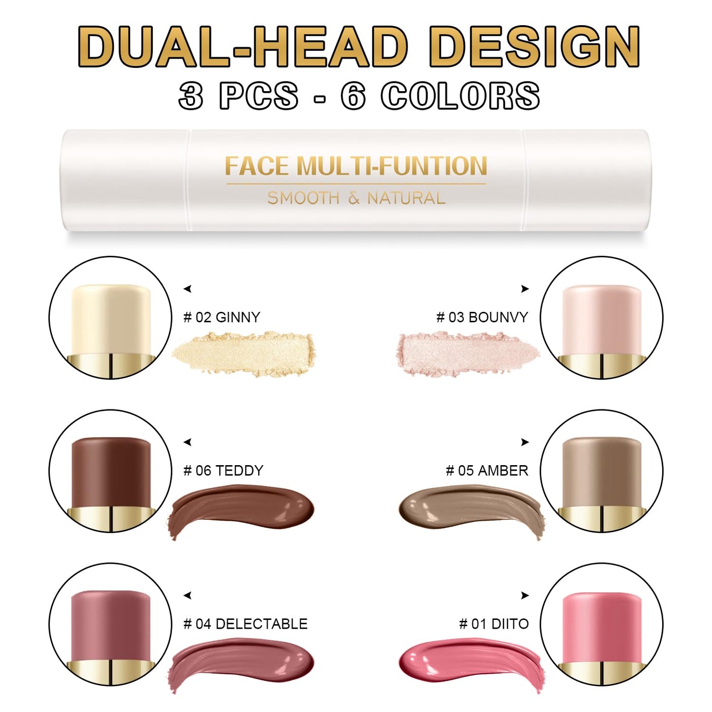 6 Colors Cream Contour Stick Makeup Contour Kit, Double-ended Cream Bronzer for Sculpt, Highlighter and Blush Stick Makeup Kit, Matte & Dewy Finish (SET A)