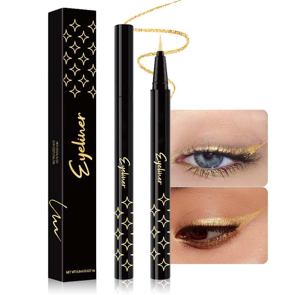Golden Metallic Glitter Liquid Eyeliner Pen – Long-Lasting Sparkly Waterproof Eyeliner for Women & Men – Tattoo-Effect Eye Makeup for Parties – Delineador Líquido con Brillo 02