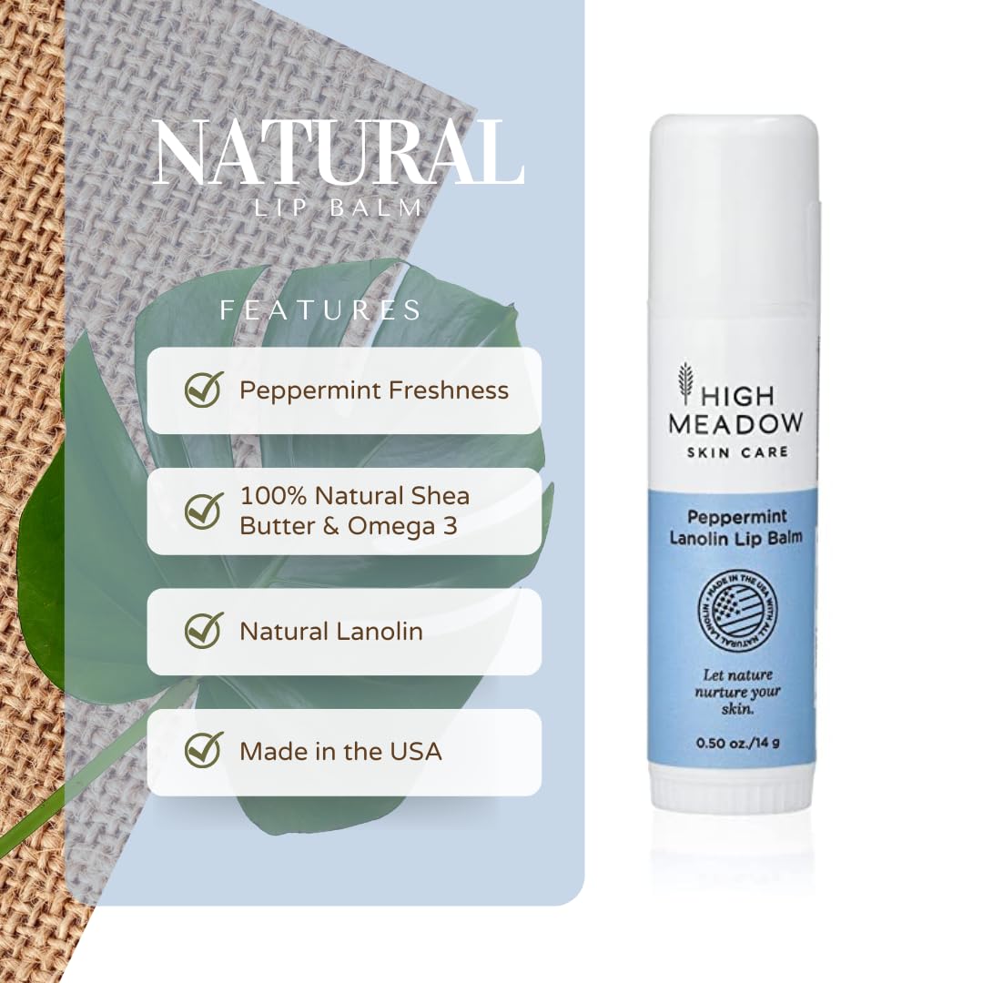 High Meadow Lanolin Peppermint Lip Balm Stick-Natural Unisex Lip Care With Shea Butter, Hydrates, Moisturizes, and Protects Lips, Great for Cold Sores, Fever Blisters, Long-Lasting Clear Lip Hydration