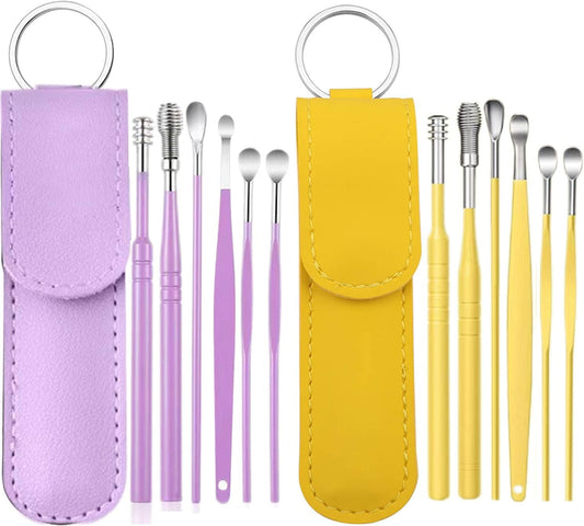 12 Pcs Ear Pick Earwax Removal Kit, Ear Cleaning Tool, Stainless Steel Earwax Removal Tool with Leather Storage Box (Yellow&Purple)