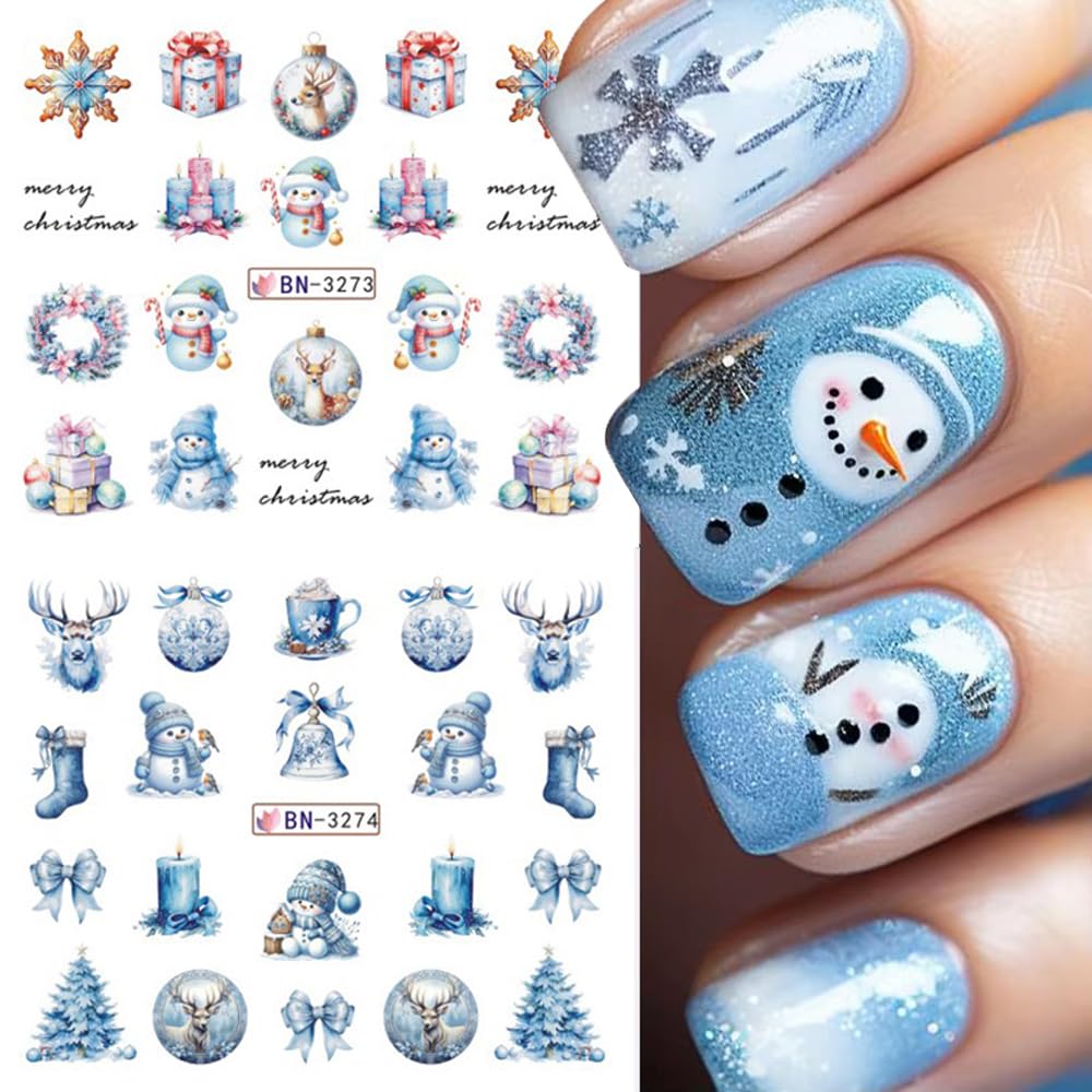 12 Sheets Christmas Nail Art Stickers Winter Snowflake Snowman Water Transfer Nail Decals Xmas Tree Santa Claus Penguin Gingerbread Man Design Acrylic Nail Foils for Women Kids DIY Holiday Nail Decor