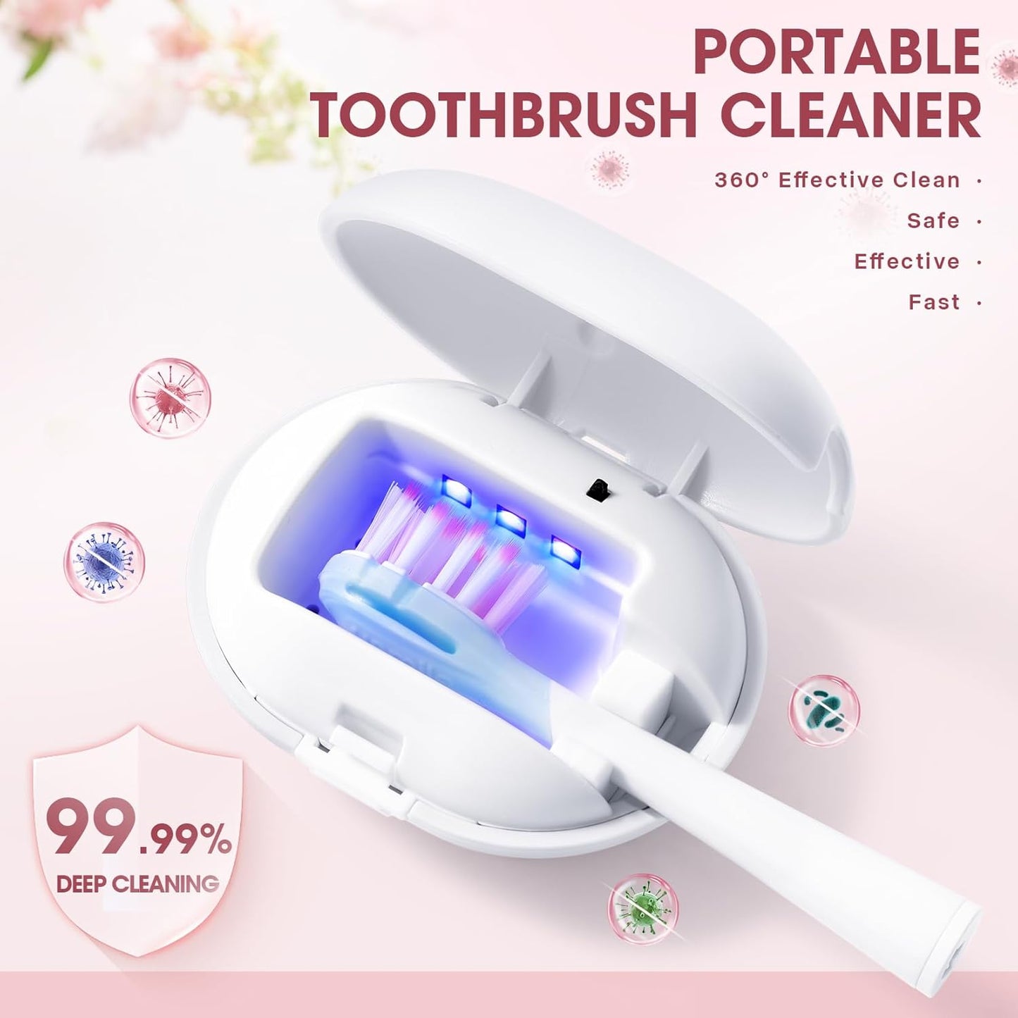 Toothbrush Sterilizer, Travel Toothbrush Covers Case With Holder, Portable USB Charging Toothbrush Cleaner Case With Blue Light (White)