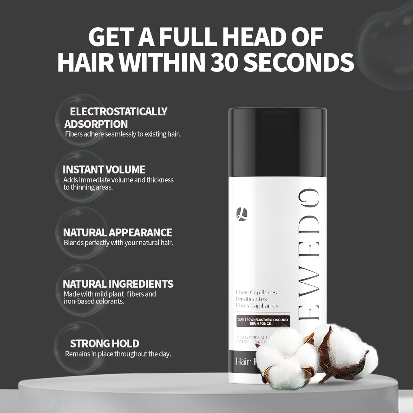 Hair Building Fibers - Instant Volume for Thinning Hair, Natural Appearance with Electrostatic Adsorption,Plant-Based, All-Day Hold, 25G Light brown