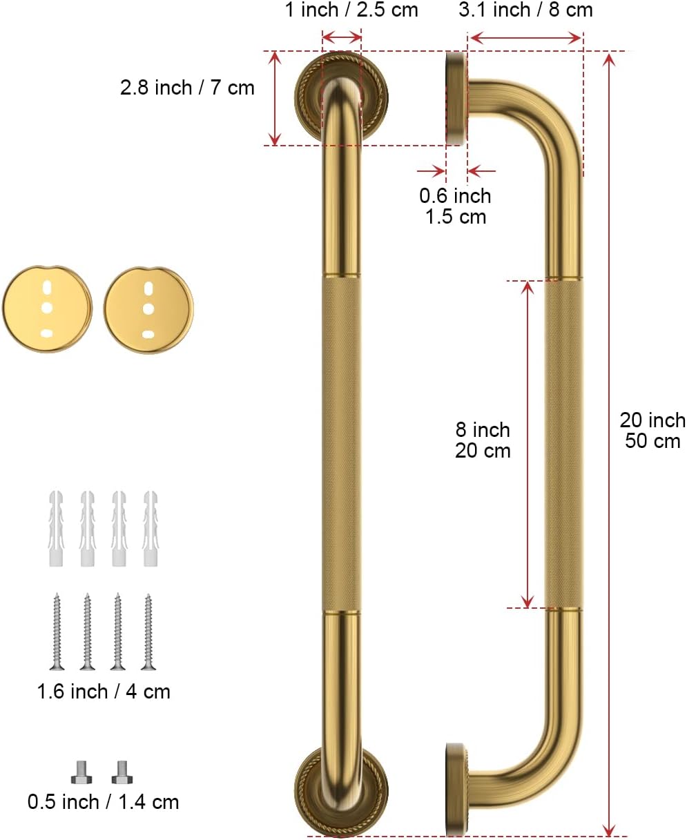 2 Pack 20 Inch Bronze Shower Grab Bar Gold, Munzong Antique Brass Bathroom Grab Bar w/Anti-Slip Knurled Grip, Safety Balance Bar Bath Hand Rail Support Handicap Injury Elderly Senior Assist Handle