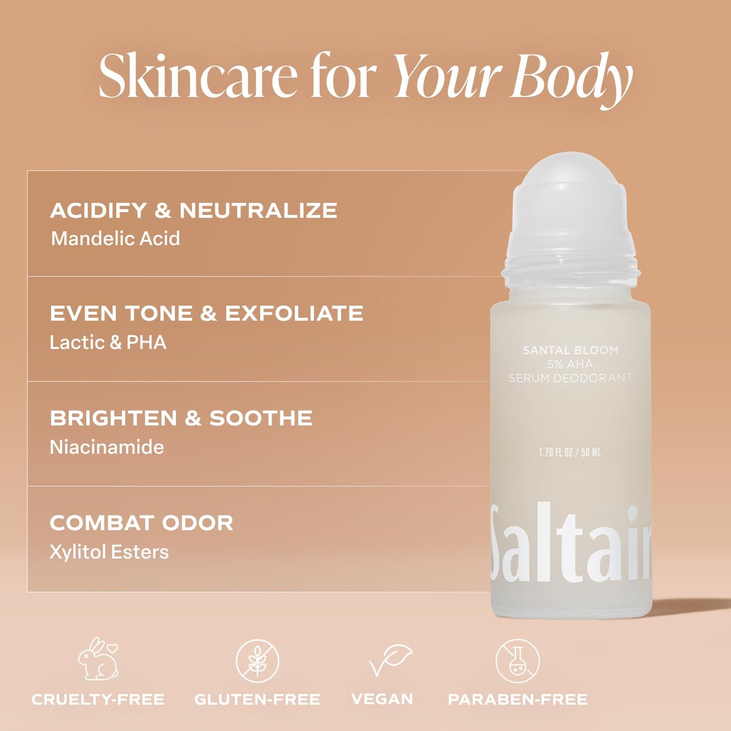 Saltair Serum Deodorant Santal Bloom 2 Pack. 5% AHA Formula. Lactic Acid and Mandelic Acid Deodorant. Aluminum Free Odor Control for Women and Men. Travel Essentials, 2x 1.7oz Roll On