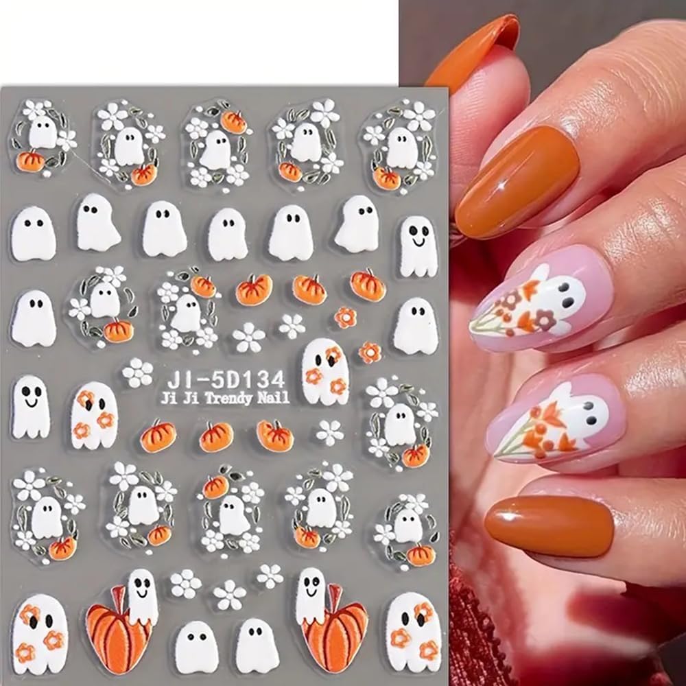 Halloween Nail Stickers Ghost Pumpkin Nail Art Stickers - 5D Embossed Nail Decals, 2 PCS Cute Cartoon Flower Spider Web Candy Designs, Adhesive Sliders for DIY Decorations