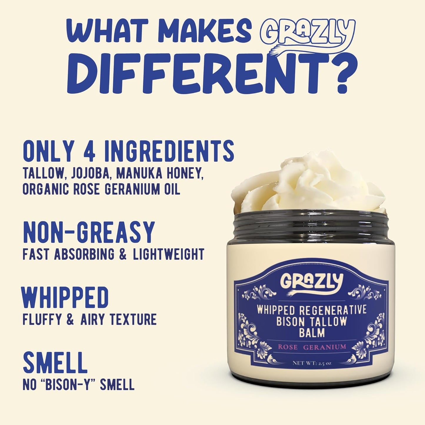 Whipped Bison Tallow Balm w/Manuka Honey, Jojoba, Rose Geranium Oil - Grass-Fed & Finished Organic Tallow Face Moisturizer - Face & Body Cream for Acne-Prone Skin - Nourishing Skincare (2.5oz)