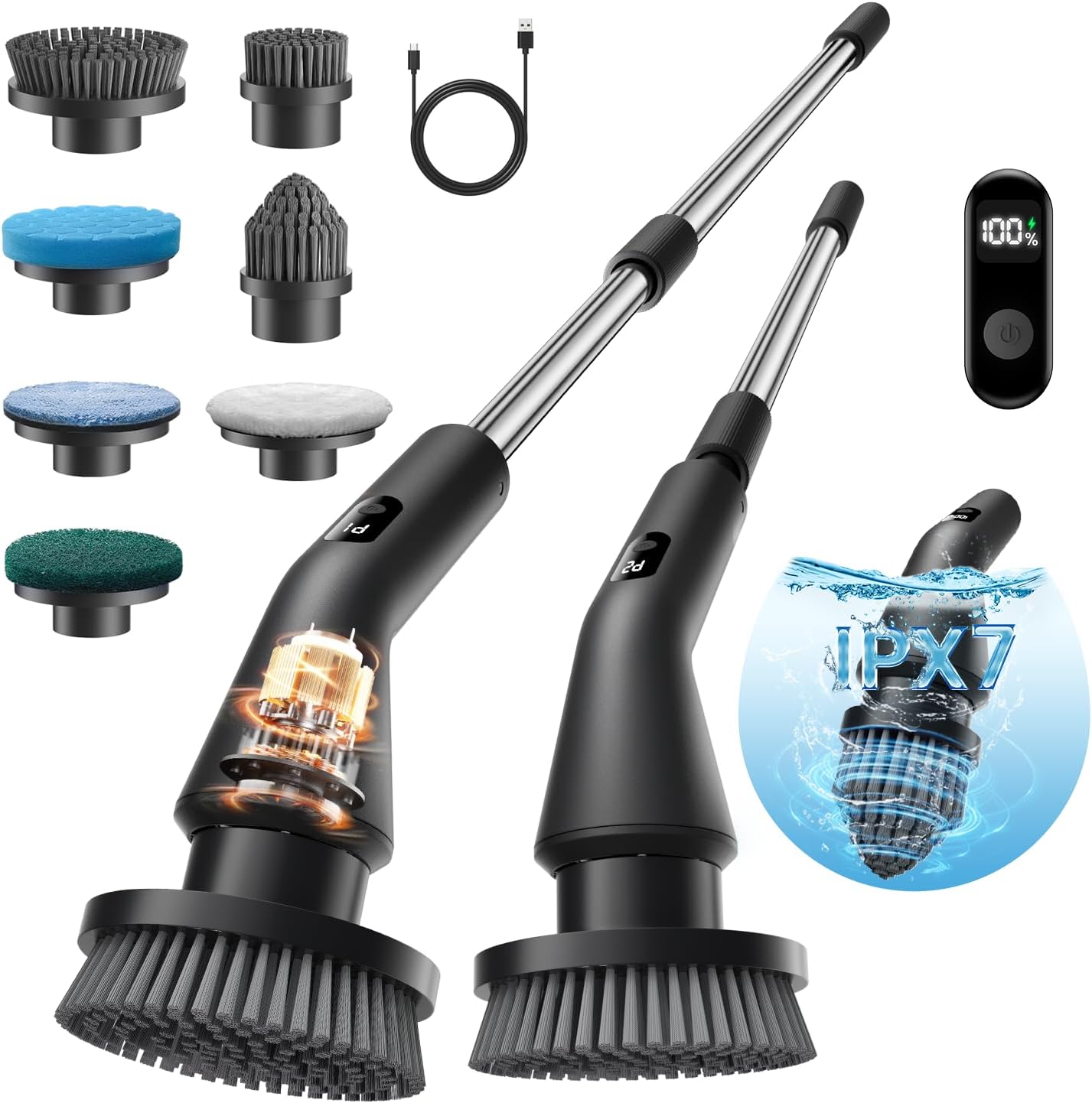 Electric Spin Scrubber, 2025 New Cordless Cleaning Brush for Home, IPX7 Waterproof Spin Scrubber with 7 Brush Heads, Adjustable Long Handle and 2 Rotating Speeds for Bathroom Tub Floor