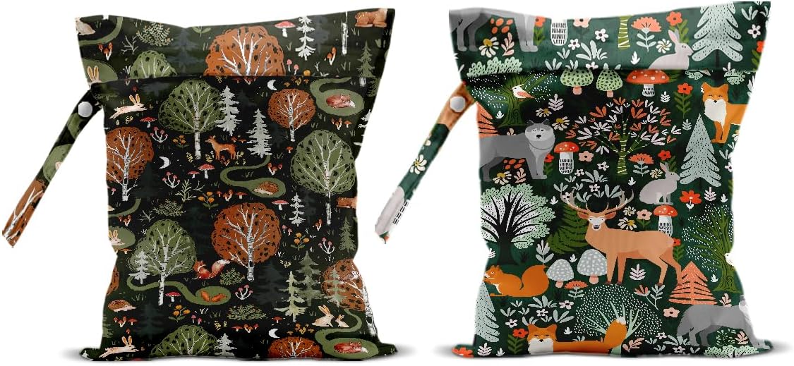 2Pcs Forest Animals Print Wet Bags, Wet Dry Bag Reusable for Swimsuit, Travel, Diapers, Pool, Beach, Dirty Yoga Gym Clothes, Toiletries, Makeup Bag, Zipper Pouch Waterproof Birthday Christmas Gifts