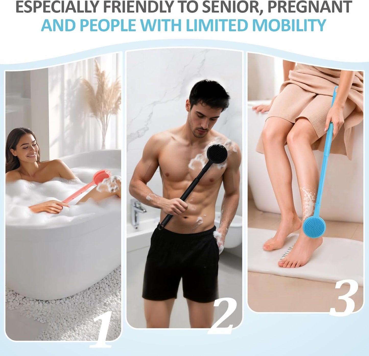 Adjustable Silicone Back Scrubber for Shower, 16''- 24'' Extendable Shower Back Scrubber for Rich Foam, 5-Length Back Brush Bath Brush with Dual-Side Head and Super-Lathering Bristles(Blue)