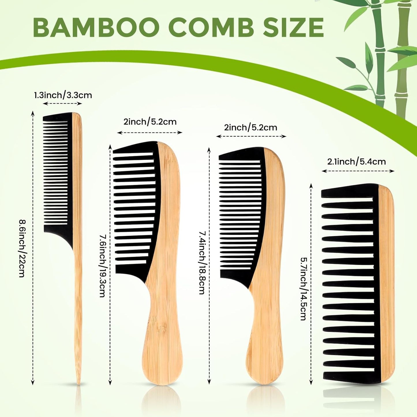 4 Pcs Natural Handmade Bamboo Hair Combs Set - Wide Tooth, Fine Tooth & Rat Tail Wooden Combs for Women Men, Anti-Static for All Hairstyles & Beard