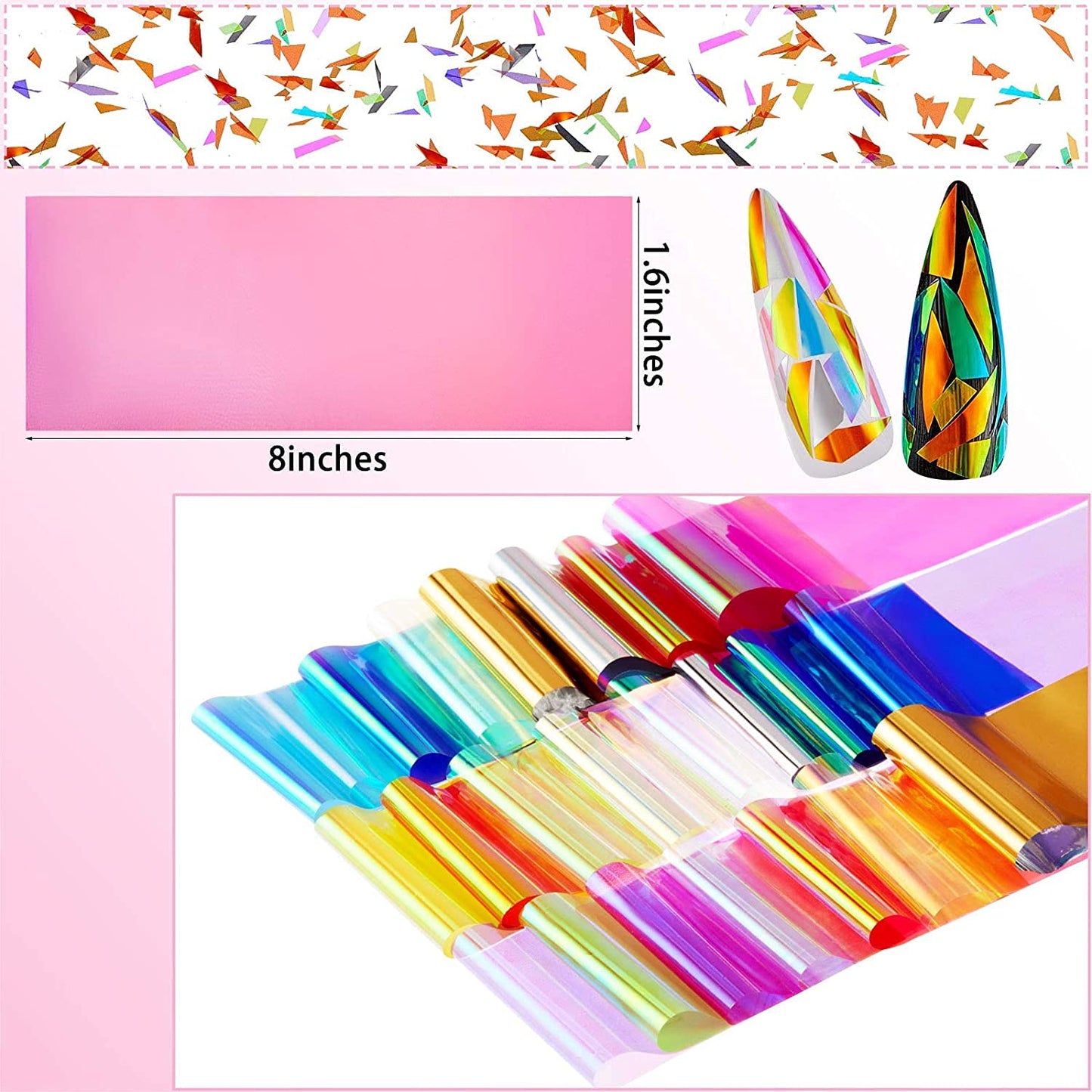 100 Pieces Iridescent Nail Art Glass Paper Cellophane Holographic DIY Mixed Colors Broken Glass Paper Reflective Mirror Foils Nail Art Stickers Dichroic Film Designs